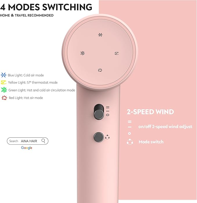 AINA Hair Dryer,Blow Dryer with Diffuser Brush Comb for Women - BLDC Hair Dryer - Brushless Motor, 110,000 RPM Lightweight,Ionic Travel, 3 Magnetic Attachments 110V/ALCI(Baby Pink)