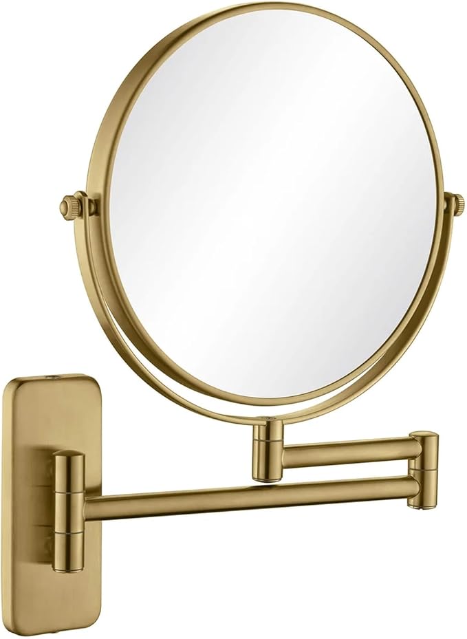 KIBI Circular Wall Mount Makeup Mirror, Dual-Sided 1x/5x Magnifying Mirror with Extendable Arm, 360° Swivel, Solid Brass Construction for Durability and Style (Brushed Brass - KMM100)