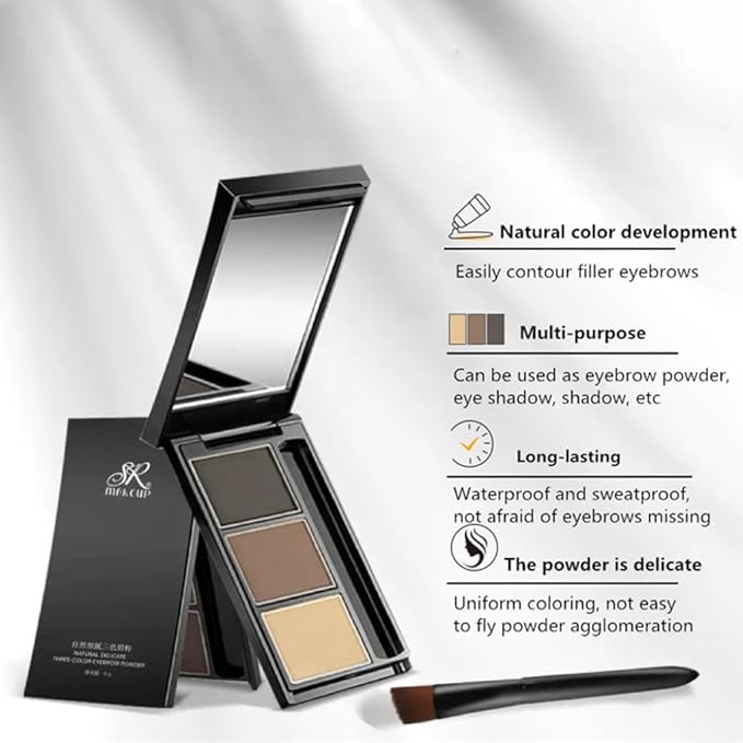 Eyebrow powder three-color brow disc waterproof eyebrow powder eyebrow makeup kit eyebrow filler to shape natural eyebrows (03# Skin color, brown, gray-black)