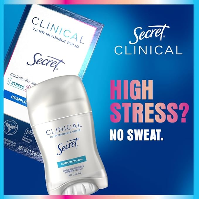 Secret Clinical Strength Antiperspirant Deodorant for Women, 3X Stress Protection, 72hr Sweat & Odor Protection, PH Balancing Minerals, Clear Gel, Completely Clean Scent, 2.6 oz (Pack of 2)