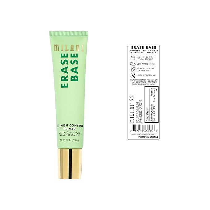 Milani Face Primer for Makeup - Erase Base Blemish Control Primer with 2% Salictlic Acid to help Control Blemishes, 1.0 Fl. Oz