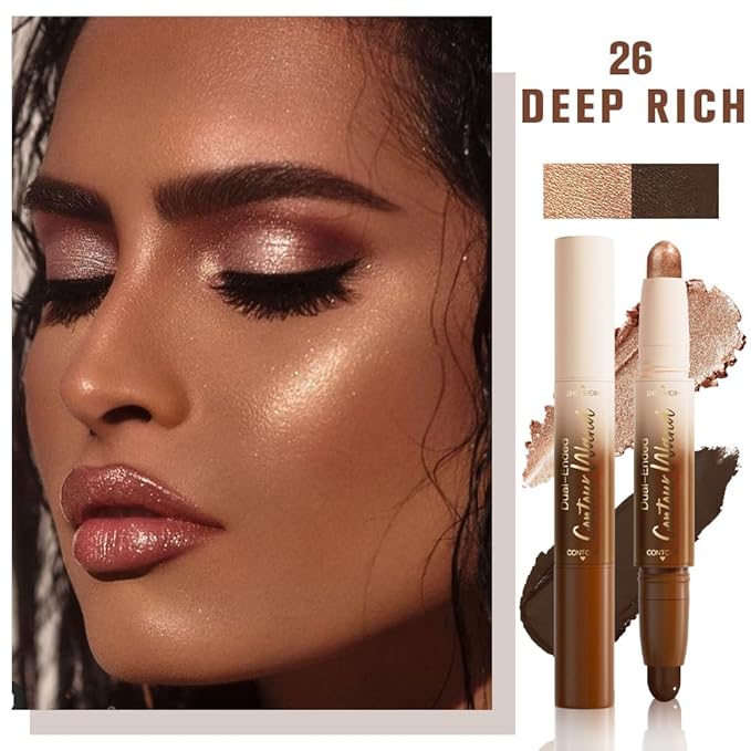 2in1 Black Cocoa+Bronzer Shimmer Cream Contour Highlighter Stick, Dual-Ended Highlighter Makeup Contour Stick, Contour Stick Dual Ended For Face Body Makeup, Long Lasting Waterproof for All Skin Tones