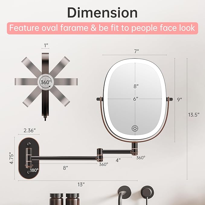 FUNTOUCH 30X/1X Wall Mounted Lighted Makeup Mirror, 5000mAh Rechargeable Double Sided Magnifying Bathroom Mirror, 3 Color Modes Touch Dimmable Extended Arm 360 Rotation, Antique Bronze