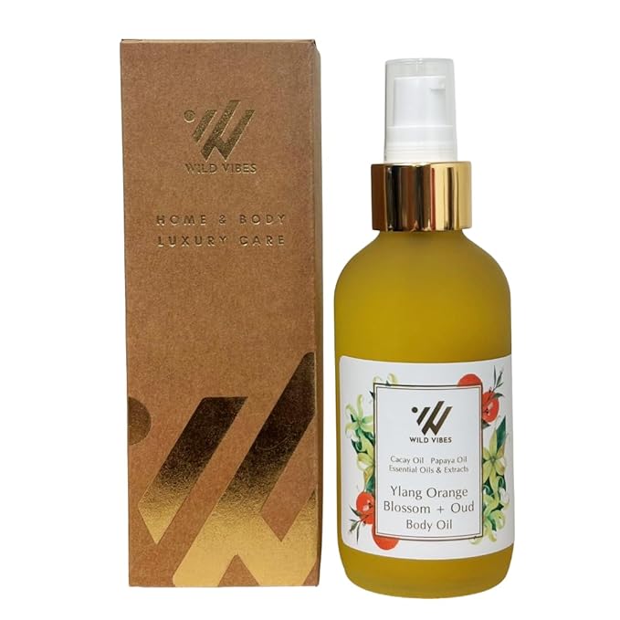 Wild Vibes Ylang Orange Blossom + Oud Body Oil with Vitamin E – Hydrating Botanical Blend with Jojoba, Papaya Seed & Cacay Oil – Lightweight Moisturizer for Soft, Radiant Skin 4oz