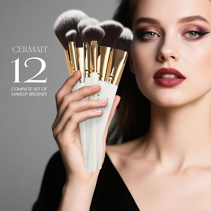 Makeup Brushes Set 12 Piece Professional & Beginner Friendly, Soft Synthetic Bristles for Face Eyeshadow Blending, Easy to Clean Travel Ready with Case, Ergonomic Wooden Handle Hypoallergenic (White)
