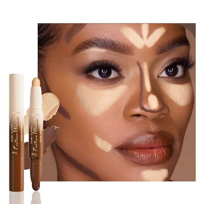 2in1 Nude Brown+Nude Cream Contour Highlighter Stick, Dual-Ended Highlighter Makeup Contour Stick, Contour Stick Dual Ended For Face Body Makeup, Long Lasting Waterproof for All Skin Tones