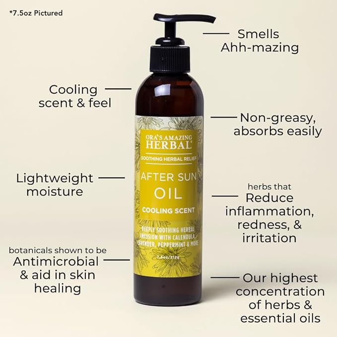 Ora's Amazing Herbal Travel Size After Sun and Shave Oil for Women & Men, Sunburn Relief, Botanical Moisturizer with Nourishing Herbs and Essential oils, Razor Burn, 2 oz with Pump