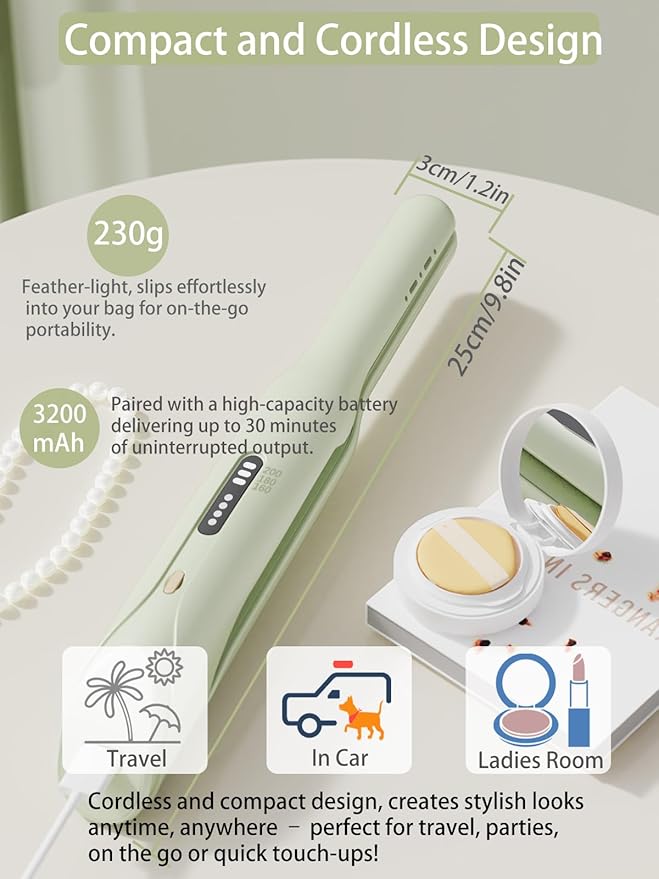 Cordless Hair Straightener and Curler 2 in 1,mini Hair Straightener 3 Temperature 60s Heat Up,Travel Flat Iron Portable,Anion Ionic for Frizz-Free Smooth Hair mini Flat Iron,Green
