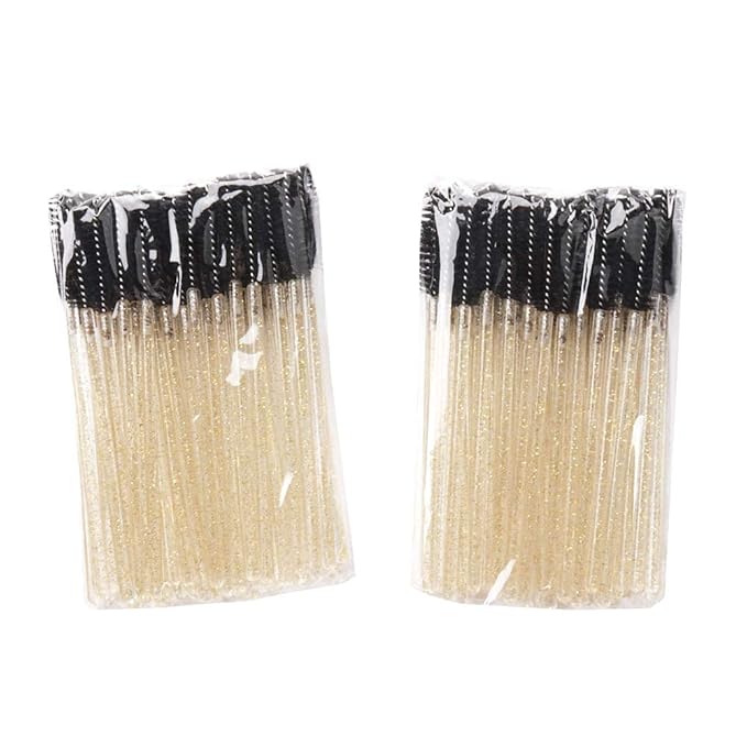 300 Pack Glitter Mascara Wands Disposable EyeLash Spoolie Brushes Makeup Applicator Eyelash Extension Tool Kit, Crystal Gold Handle Black Brush Head