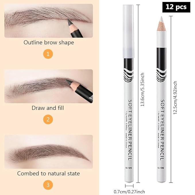 12Pcs Wooden Hard-Core White Eyebrow Pencils, Eyebrow and Eyeliner Pencils, Long Lasting Waterproof and Sweat-Proof, Easy to Color,Beginner Makeup Eyebrow Penci,Create a Natural Brow Makeup