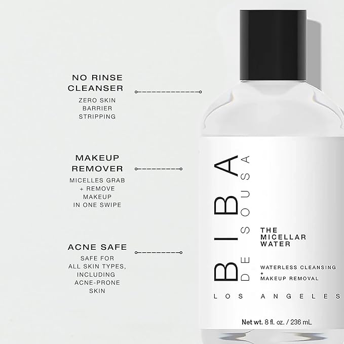 Biba De Sousa The Micellar Water, No-Rinse Cleanser & Facial Makeup Remover - Soothing Cleanser for Sensitive Skin - For All Skin Types (8oz)