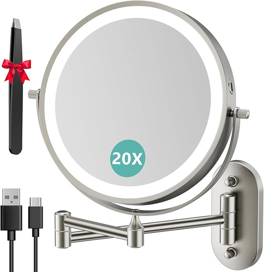 Auxmir 8'' Wall Mounted Lighted Makeup Mirror, 3200mAh Rechargeable Double-Sided 1X/20X Magnifying Mirror with Light, Touch Dimmable 3 Color Light, 360° Rotation Foldable Extended Arm, Nickel