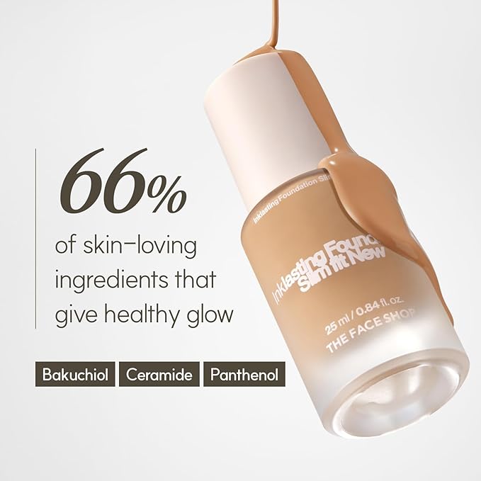 THE FACE SHOP Ink Lasting Liquid Foundation, Full Coverage, 72‑Hour Wear Semi‑Matte Finish, Makeup with Bakuchiol, W410 Walnut, 0.84 Fl. Oz.