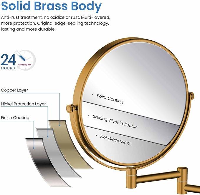 KIBI Circular Wall Mount Makeup Mirror, Dual-Sided 1x/5x Magnifying Mirror with Extendable Arm, 360° Swivel, Solid Brass Construction for Durability and Style (Brushed Nickel, KMM100)
