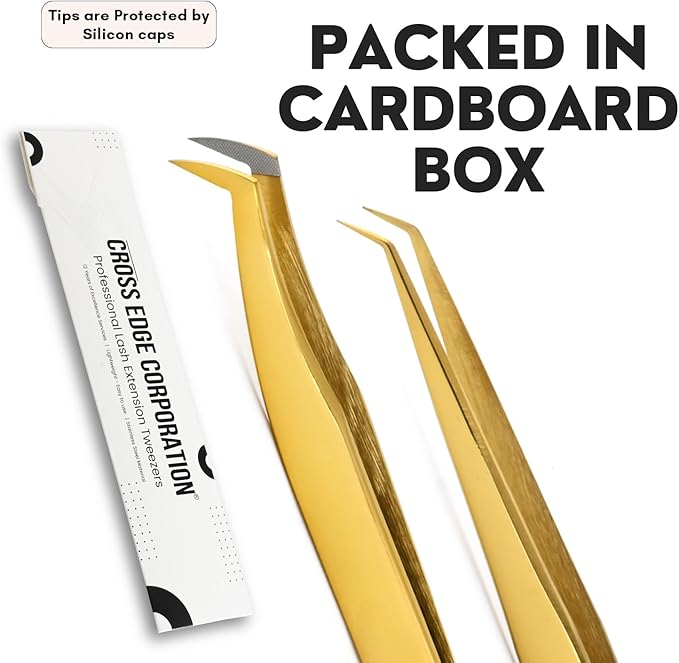 2pcs Fiber Tip Lash Tweezer Set – Boot Mega Volume Tweezer & Straight Isolation Tweezer, Precision Stainless Steel Lash Extension Tools, Non-Slip Grip, Tweezers for Classic & Volume Fans (Gold)