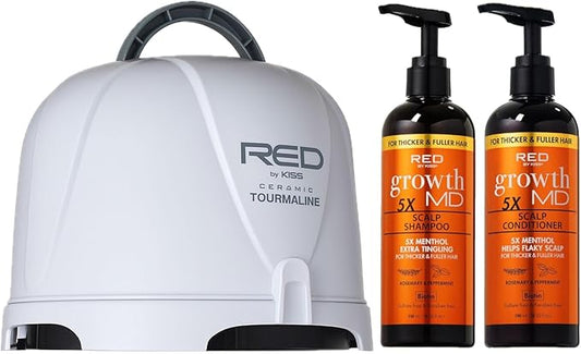 Red by Kiss 3000 Ceramic Tourmaline Professional Hood Dryer with Growth MD Scalp Shampoo & Conditioner Set – 4 Heat Settings, Extra Coverage Dryer + Biotin & Menthol Infused Scalp Care Duo (10oz Each)