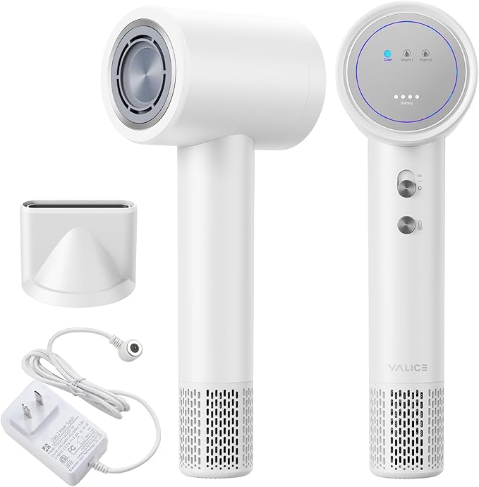 YALICE Cordless Hair Dryer Rechargeable with Digital Screen, 15000mAh Travel Hair Dryer with Magnetic Nozzle, 4 Mode Portable Hair Blow Dryers for Women Kids Outdoor Camping Beaches (White)