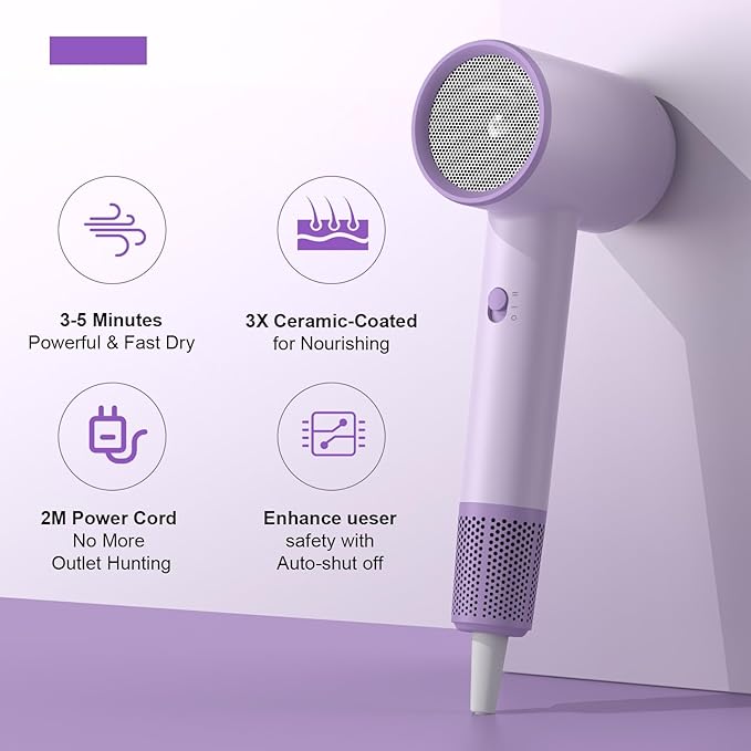 Hair Dryer Fast Dry 1200W Professional Ionic Hairdryer, Super Compact & Lightweight with Even Heat Anti-Static, Frizz-Control, Quick Drying, Energy Saving, Hairdryers for Women & Man (Purple)