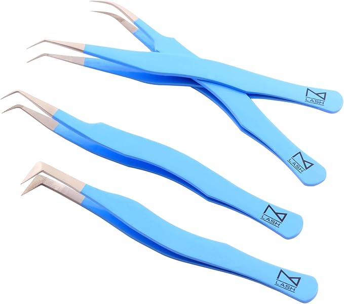 M LASH Eyelash Tweezers for Eyelash Extensions (Set of 4) - Professional Lash Extension Tweezers - Fiber Tip Lash Tweezers, Japanese Steel, Diamond Grip For Flawless Application (Teal)