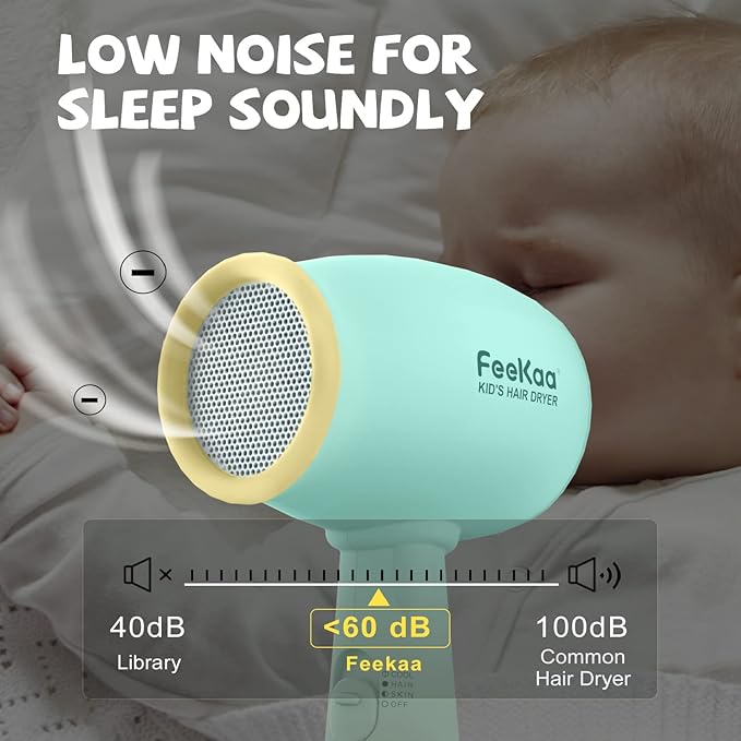 Feekaa Kids Hair Dryer, Low Noise Gentle Heat for Kids Skin, Gift for Children's Birthday, Christmas, Yellow-Green