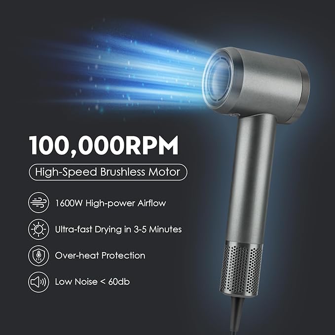 High-Speed Hair Dryer, Negative Ionic Hair Dryer, 110000 RPM Professional High-Speed Blow Dryer 200 Millions, Fast Drying Lightweight Travel Hairdryer, Low Noise Home Hair Dryer(Gray)
