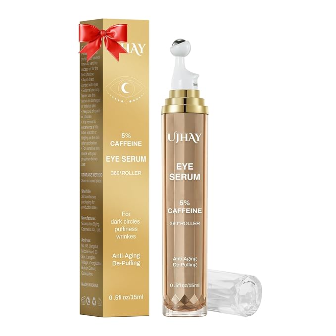 5% Caffeine Eye Cream, Under Eye Serum for Dark Circles, Puffiness & Wrinkles Fine Lines, Eye Roller Serum with 360° Massage Ball, Eye Treatment Balm for Men & Women