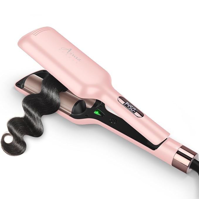 32mm (1.25") Aima Beauty Twins Mermaid Loose Waves Hair Waver, Anti-Scald Wave Curling Iron, Curling Wand 2 Barrel Hair Crimper for Women PTC 15S Heats Up Dual Voltage Medium/Long Hair Pink
