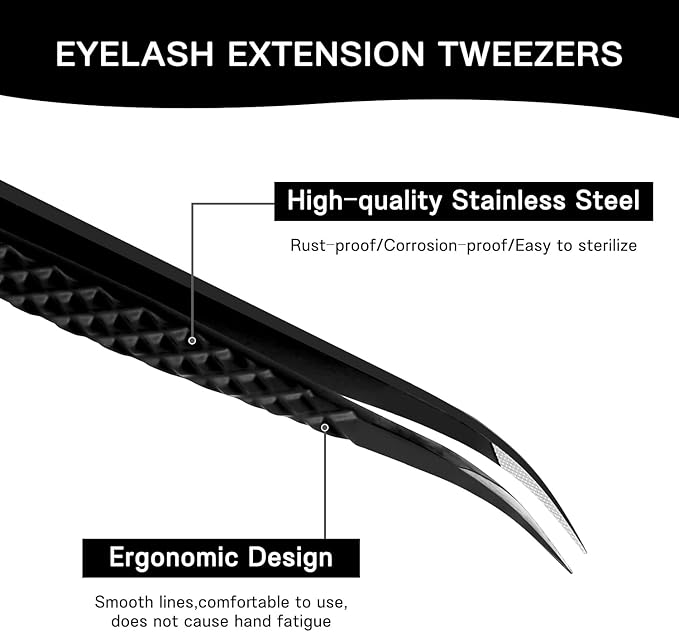 VAVALASH Lash Tweezers for Eyelash Extensions, Fiber Tip Diamond Grip Isolation Tweezers, Professional Precision Black Lash Tweezers for Volume & Classic Lashes