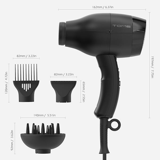 TOME Hair Dryer with Diffuser Blow Dryer Ionic 1875W Cool Shot Curly Hair Teeth Comb Nozzle attachments Light Weight Low Noise Fast Dry Black