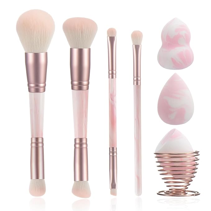 4PCS Pink Dual-Ended Makeup Brushes & Blending Sponge Set, Professional Foundation Concealer Eyeshadow Kabuki Brush with, for Liquid Powder Cream, Vegan & Cruelty-Free