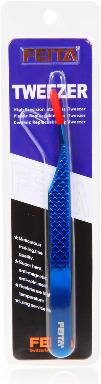 FEITA Diamond Grip Eyelash Extensions Tweezer Lash Precision Tweezers, Japanese Steel Dolphin-shaped Tip, False Lashes Application Tools, Blue 1Pc