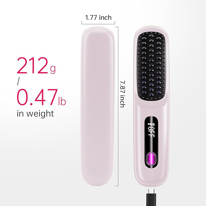 Cordless Hair Straightener Brush for Travel, 200 Million Negative Ionic Portable Hair Straightener Comb for Women with LED Display & 3 Temps, 30s Fast Heating USB Charging Smooth Frizz(Purple)