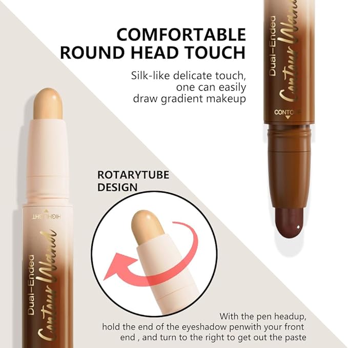 2in1 Nude Brown+Nude Cream Contour Highlighter Stick, Dual-Ended Highlighter Makeup Contour Stick, Contour Stick Dual Ended For Face Body Makeup, Long Lasting Waterproof for All Skin Tones