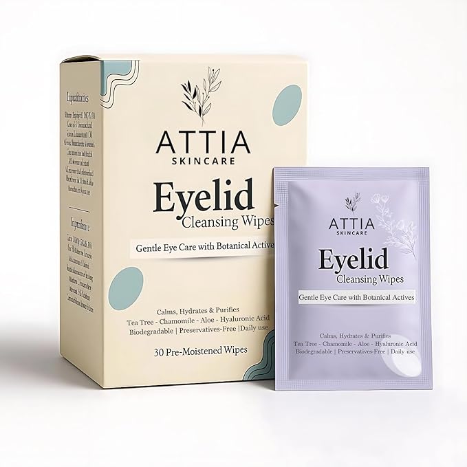 ATTIA Eyelid & Lash Cleansing Wipes With Tea Tree Oil- For Dry & Itchy Eyes, Individually Wrapped Eyelash Wipes With Aloe Vera, Natural Makeup Remover & Daily Eye Cleanser - 30 Count