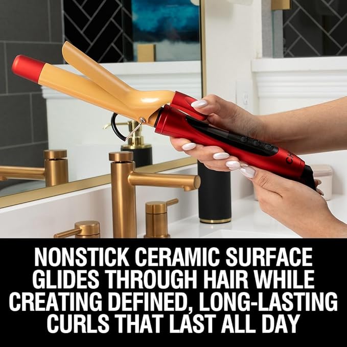 CHI Air Texture Fire Red Ceramic Curl Iron, Hair Curler For Smooth & Shiny Curls, Adjustable Temperature & Automatic Shut-Off, 1" Barrel