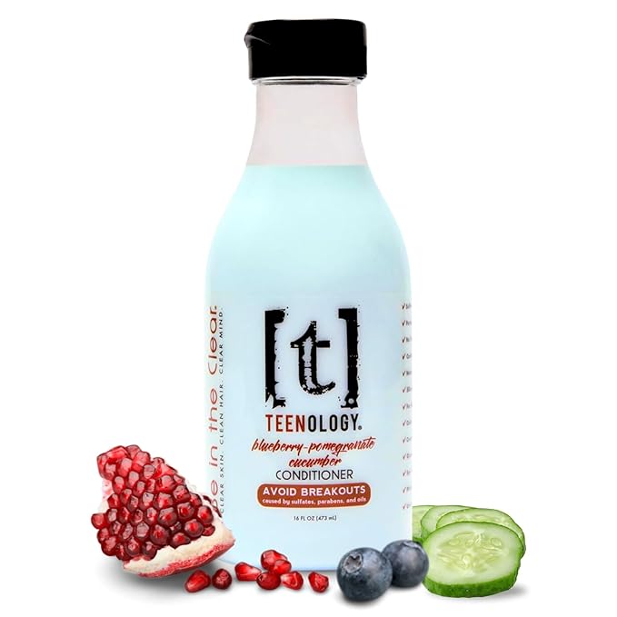 Teenology Conditioner for Teens - Avoid Forehead and Body Acne - Sulfate and Paraben Free, Noncomedogenic, Natural Botanical Extracts, Blueberry Pomegranate Cucumber - 16 oz.