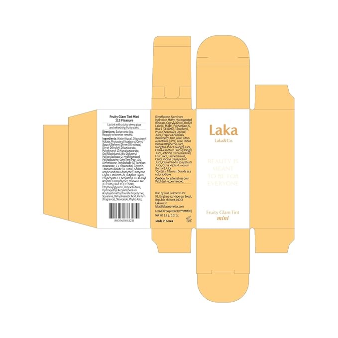 Laka Fruity Glam Lip Tint Mini, Glowing Lip Stain with Wide Color Spectrum, Hydrating & Lightweight Texture, Long-Lasting Bold Stain, Non-Sticky, Vegan, K-Beauty (113 Pleasure)
