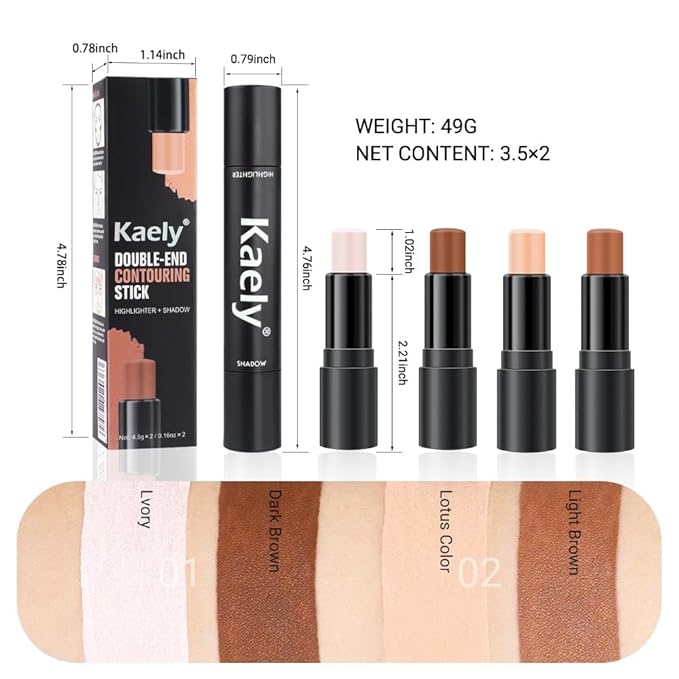 Kaely 4 Color Highlighter Contour Stick,Cream Contour Palette Kit for Beginners,Bronzer Contouring Sticks,contorno maquillaje para mujer en oferta,Concealer Stick Primer Face Makeup Brightener,01+02