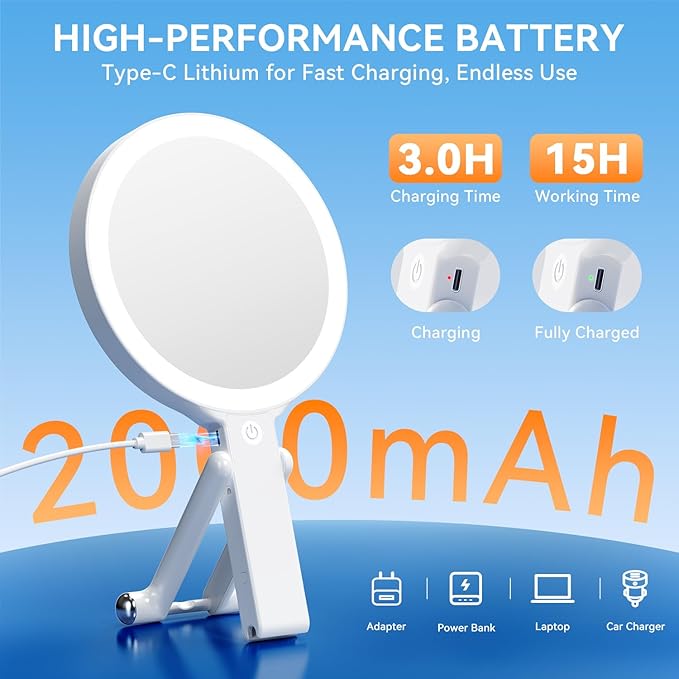 Auxmir Travel Makeup Mirror with Lights, 30X/1X Double-Sided Magnifying Mirror, Rechargeable Lighted Hand Mirror with 3 Color Lighting & Adjustable Brightness Tabletop Hanging Portable Handheld
