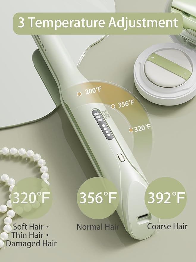 Cordless Hair Straightener and Curler 2 in 1,mini Hair Straightener 3 Temperature 60s Heat Up,Travel Flat Iron Portable,Anion Ionic for Frizz-Free Smooth Hair mini Flat Iron,Green
