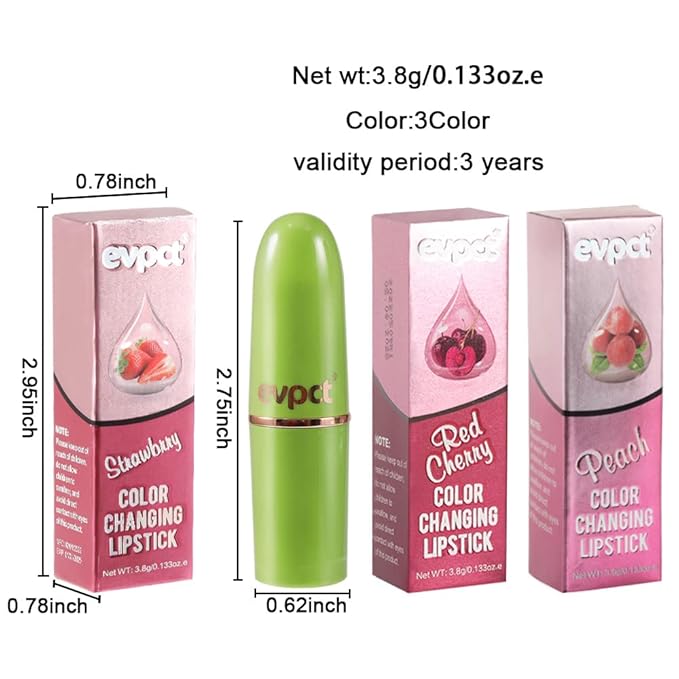 BINGBRUSH Aloe vera Color Changing Lipstick,Moisturizer Long Lasting Lip Care Magic Lip Gloss,Makeup Lipstick Set (3Pcs Strawberry+ Red Cherries+ Peach, 3 Count (Pack of 1))