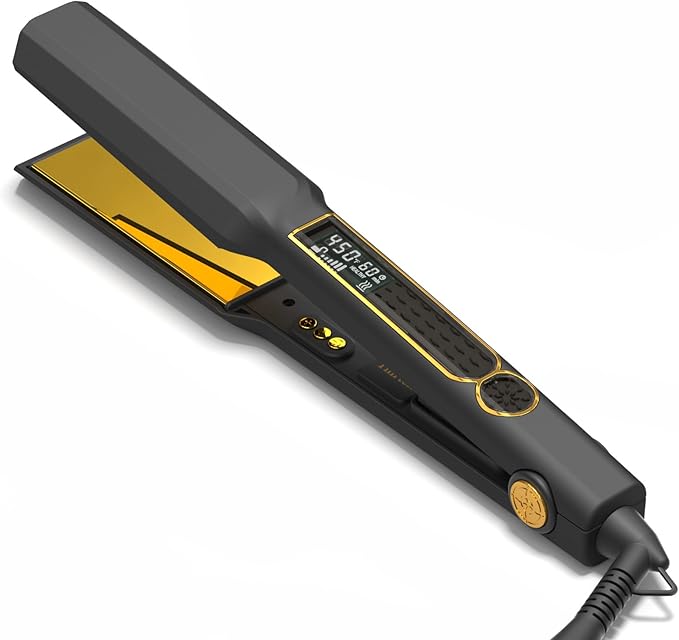 Thirtek Professional Hair Straightener,1.5 inch Ceramic & Titanium Flat Iron,15 Adjustable Temperature Levels,LCD Display, 25s Quick Heat Up,Styling Tools for Thick Hair,Dual Voltage,Black&Gold