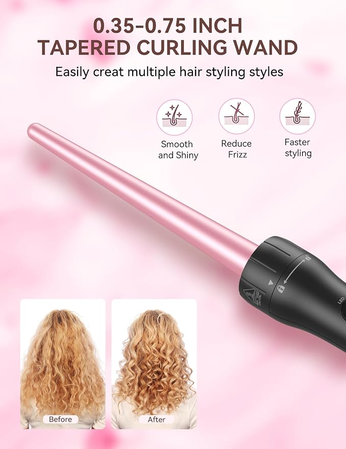 LANDOT Tapered Hair Curling Iron Wand: 9-19mm Curling Wand for Natural Curls & Textured Waves - Professional Detachable Clip Free Hair Curler - Includes Heat Resistant Silicone Mat & Glove