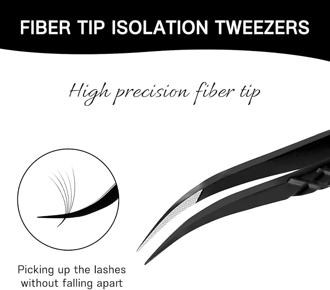 VAVALASH Lash Tweezers for Eyelash Extensions, Fiber Tip Diamond Grip Isolation Tweezers, Professional Precision Black Lash Tweezers for Volume & Classic Lashes