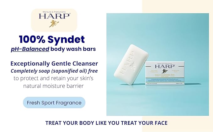 HARP® Fresh Sport Body Wash Bar – pH Balanced (5.0–6.0) Syndet Cleanser, Soap-Free & No Lye, Non-Comedogenic, Gentle for Sensitive & Dry Skin, With Shea Butter & Borage Oil