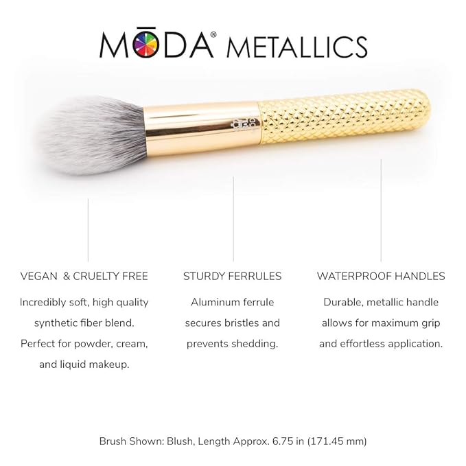 MODA Metallics 6-Piece Full Face Makeup Brush Set – Gold Vegan Cosmetic Brushes for Foundation, Highlight, Eyes & More