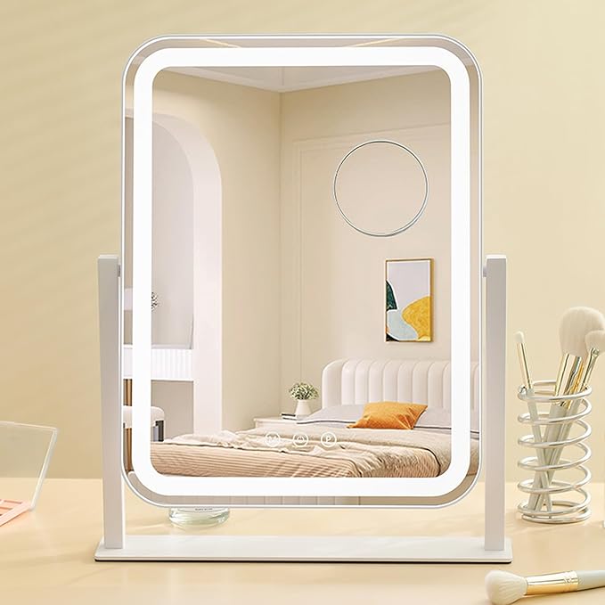 HIEEY Vanity Mirror with Lights, 16.7'' x 13.4'' Makeup Mirror with Lights, Three Color Lighting Modes, and 5X Magnification Mirror, Smart Touch Control, 360°Rotation (White,Gift Box)