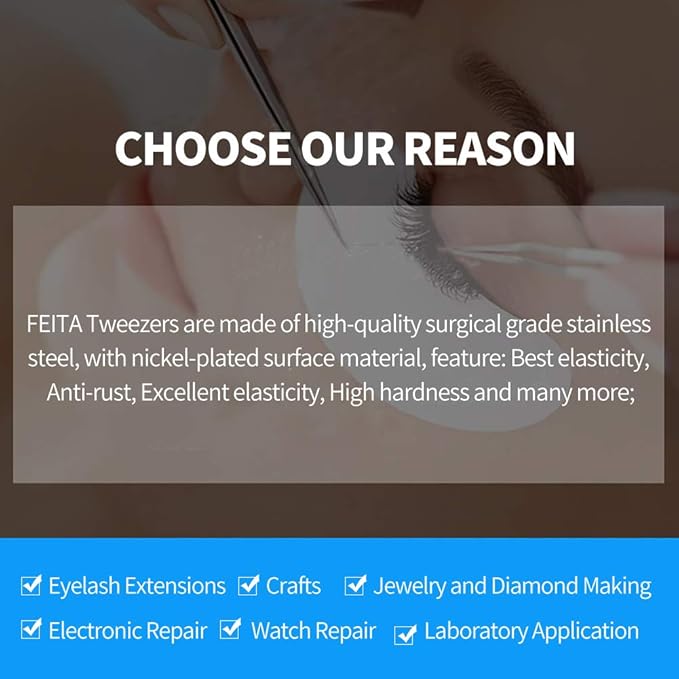 Best Eyelash Extension Tweezer Set - FEITA Pro Straight & Curved Pointy Precision Fine Tip Tweezers for Lash Extensions - Silver - 2Pcs