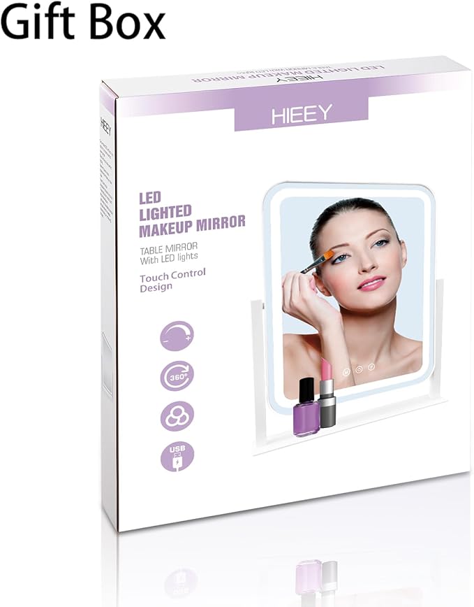 HIEEY Vanity Mirror with Lights, 16.7'' x 13.4'' Makeup Mirror with Lights, Three Color Lighting Modes, and 5X Magnification Mirror, Smart Touch Control, 360°Rotation (White,Gift Box)