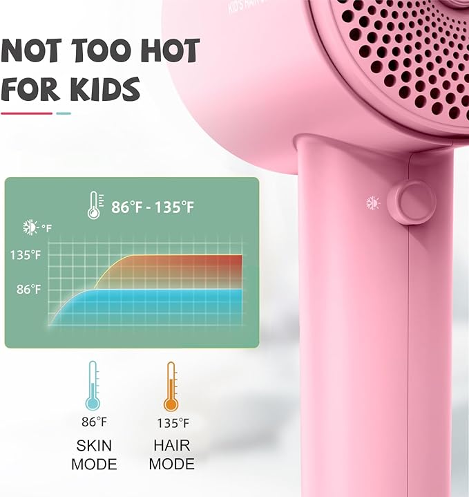 Feekaa Kids Hair Dryer, Portable Mini Blow Dryer with Diffuser, Quiet Small Hair Dryer for Children, Compact Kids Hairdryer with DIY Stickers Lightweight, Boy & Girl Birthday Gift, Pink